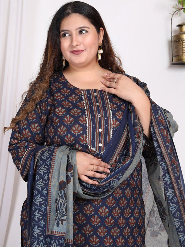 Swasti Plus Size Ethnic Motif Printed Gotta Patti Cotton Kurta With Trousers & Dupatta
