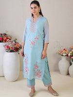 Thumbnail for Indo Era Floral Embroidered V-Neck Thread Work Straight Kurta & Trousers & Dupatta