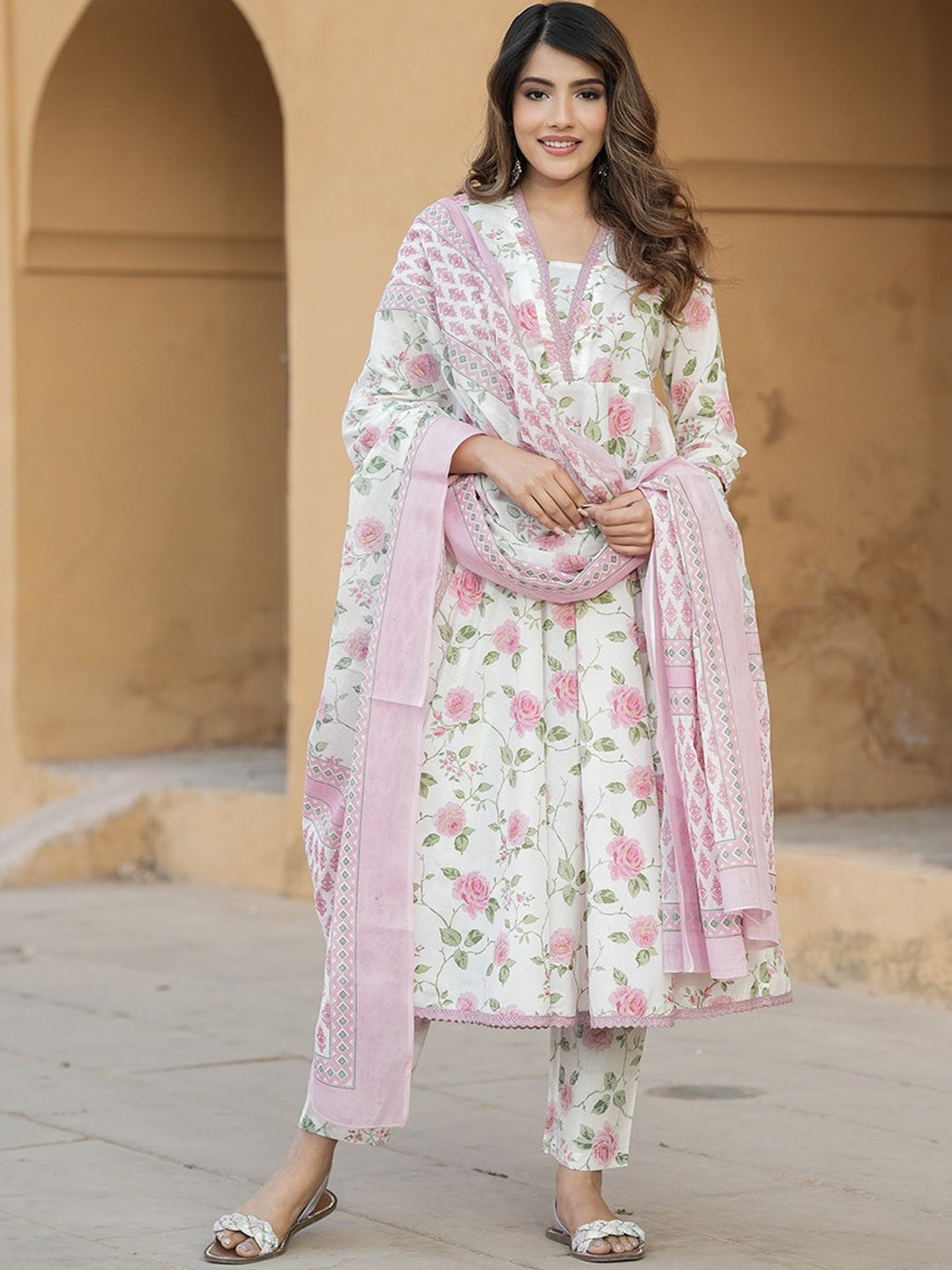 Kalini V Neck Floral Printed Cotton Anarkali Kurta with Trouser & Dupatta - Distacart