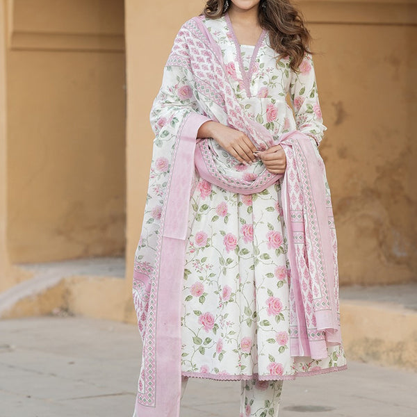Kalini V Neck Floral Printed Cotton Anarkali Kurta with Trouser & Dupatta - Distacart