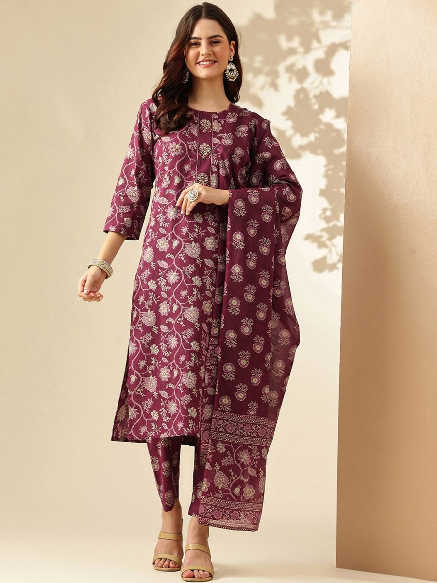 Anouk Floral Printed Regular Pure Cotton Kurta With Trousers & Dupatta - Distacart