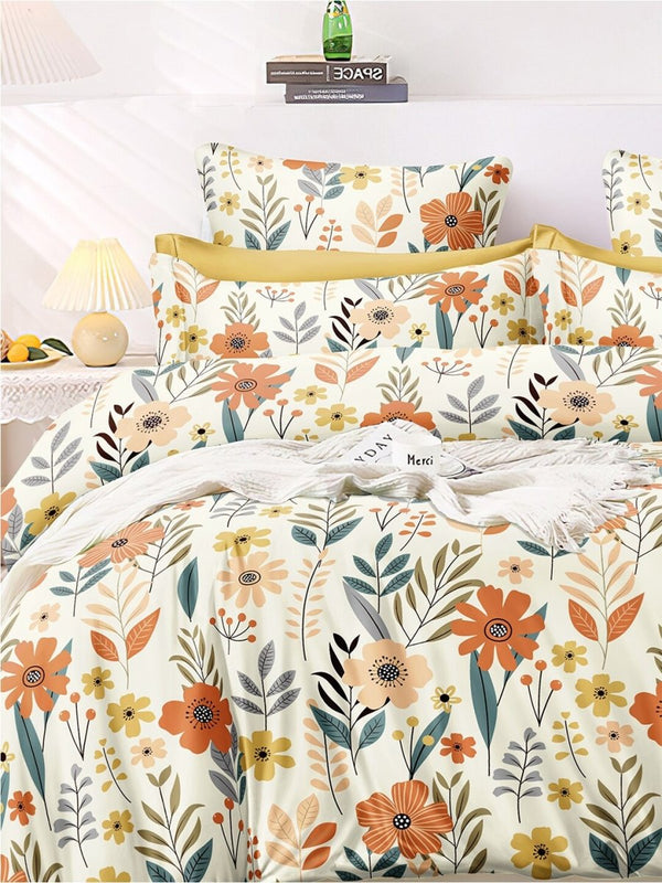 AEROHAVEN Premium Cream-Coloured Floral Cotton 300 TC King Bedsheet & 2 Pillow Covers - Distacart