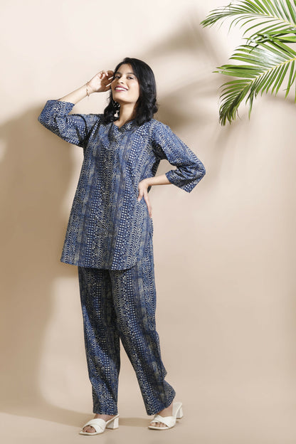 Breathables Blue Abstract Cotton Kurta & Pant Co-Ord Set - Dista