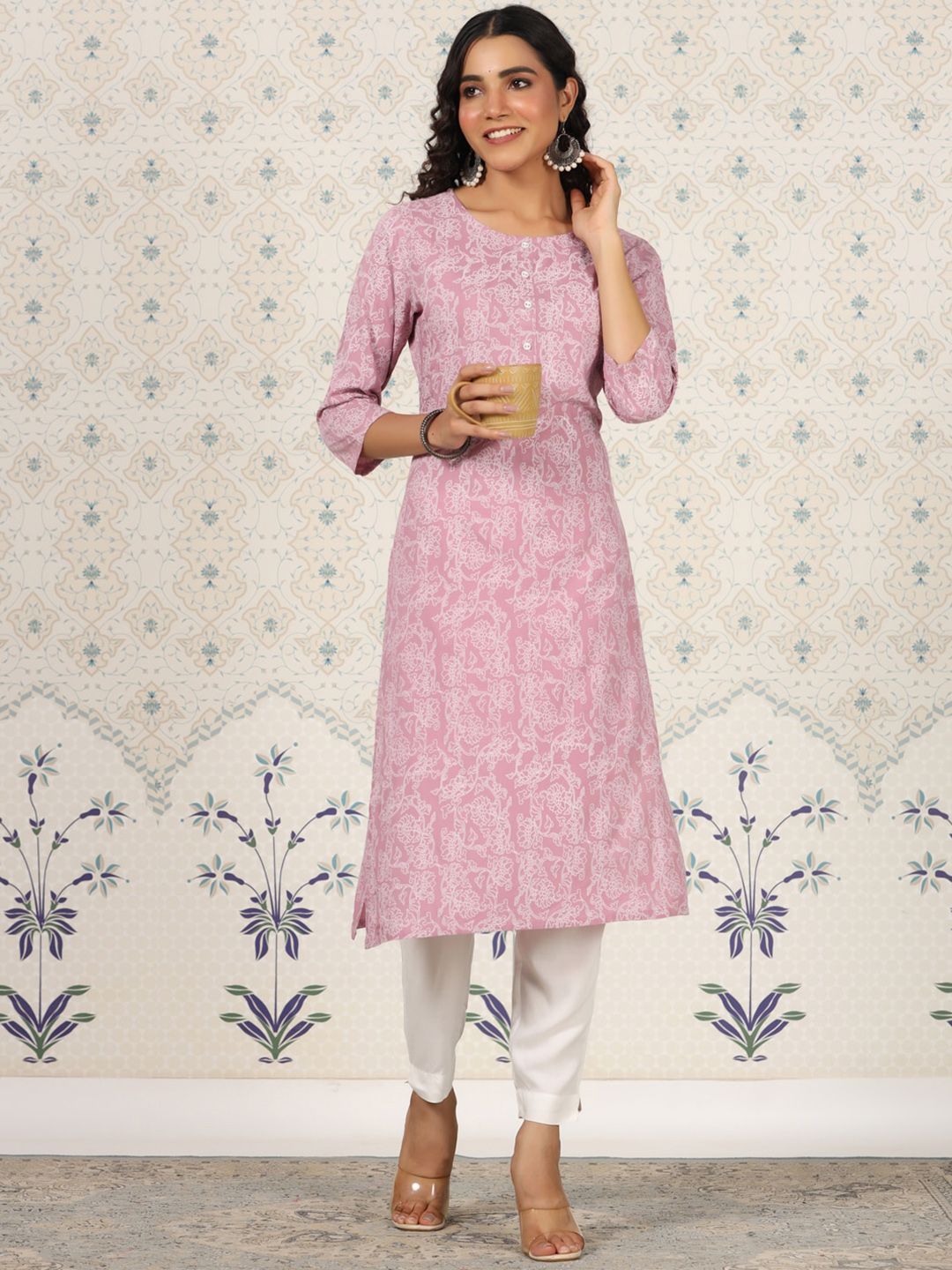 Ode by House of Pataudi Printed Round Neck Straight Kurta - Distacart