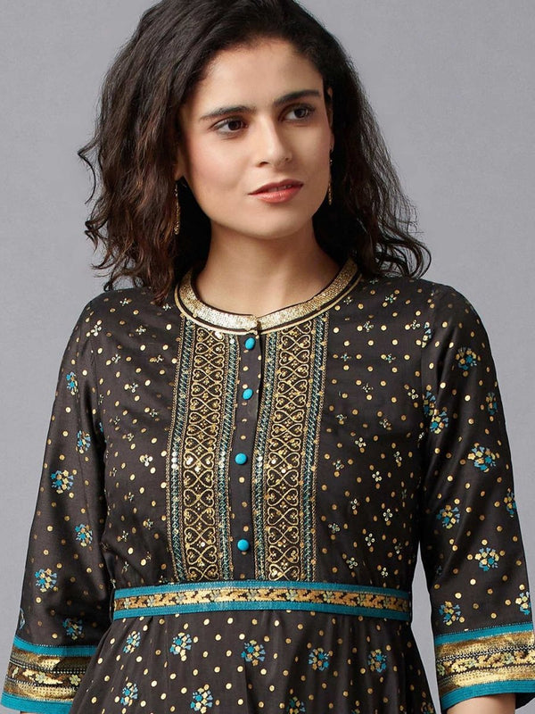 AURELIA Women Black & Gold-Toned Embellished A-Line Midi Dress