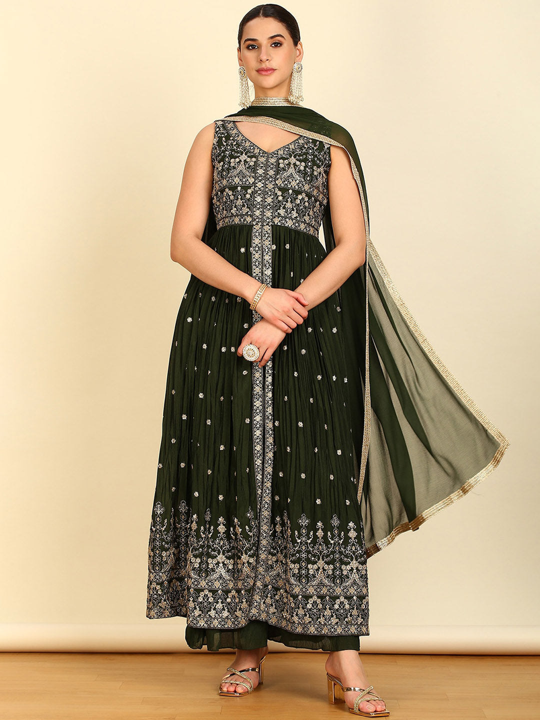 Soch V Neck Ethnic Motifs Embroidered Pleated Sequinned Kurta Set - Distacart