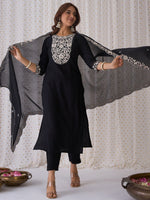 Thumbnail for Indo Era Black Floral Embroidered Thread Work Kurta with Trousers & Dupatta