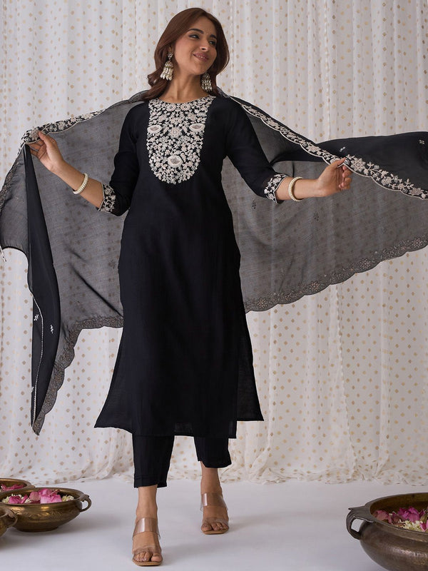 Indo Era Black Floral Embroidered Thread Work Kurta with Trousers & Dupatta