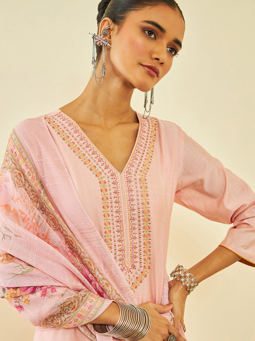 Soch Floral Yoke Design Thread Work V-Neck Kurta With Palazzos & Dupatta - Distacart