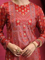 Thumbnail for Vishudh Red Ethnic Motifs Printed Neck Straight Kurta