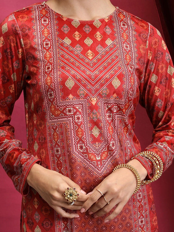 Vishudh Red Ethnic Motifs Printed Neck Straight Kurta