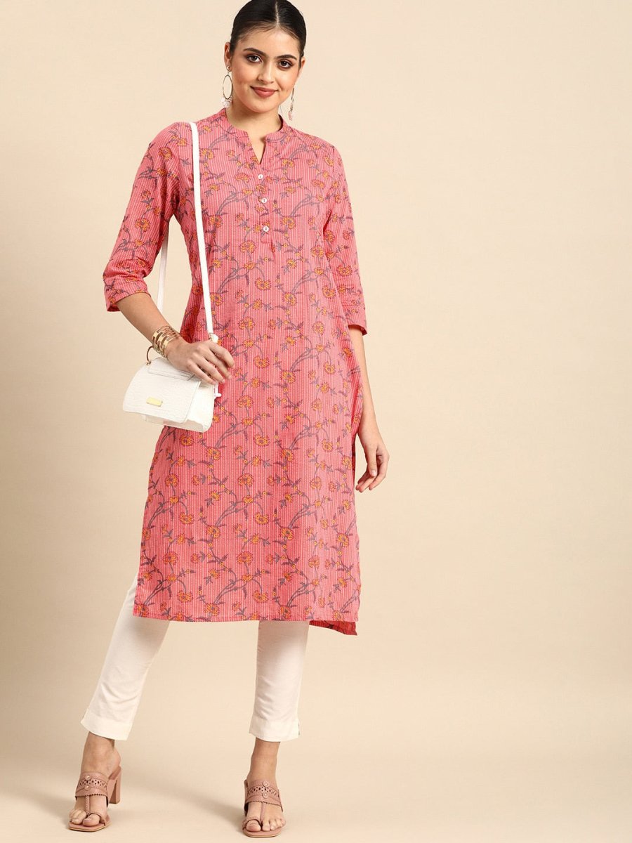 All About You Women Pink & Yellow Floral Printed Kurta - Distacart