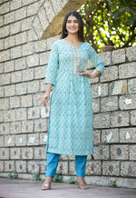 Thumbnail for Kaajh Women's Sky Blue Floral Printed Cotton Kurta Pant Set - Distacart