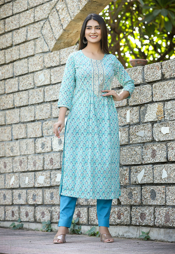 Kaajh Women's Sky Blue Floral Printed Cotton Kurta Pant Set - Distacart