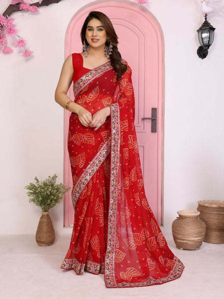 Ai Fashion Red Georgette Rajwadi Bandhani Print Party Wear Saree