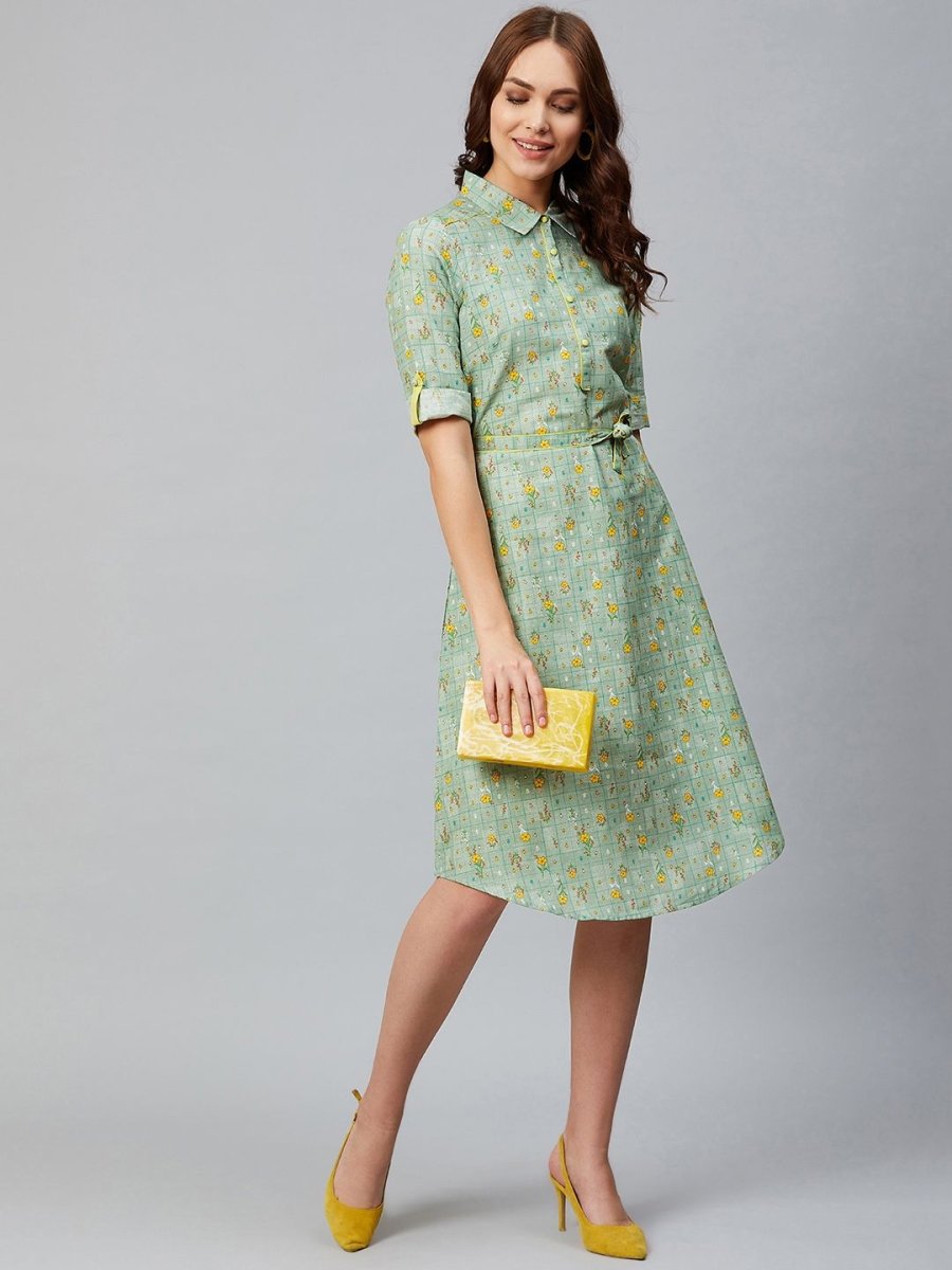 AURELIA Women Green & Yellow Floral Print Shirt Dress - Distacart