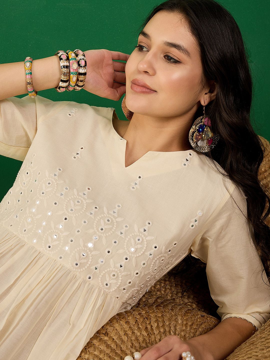 Sangria Off White Floral Embroidered Mirror Work Pure Cotton Anarkali Kurta Set - Distacart