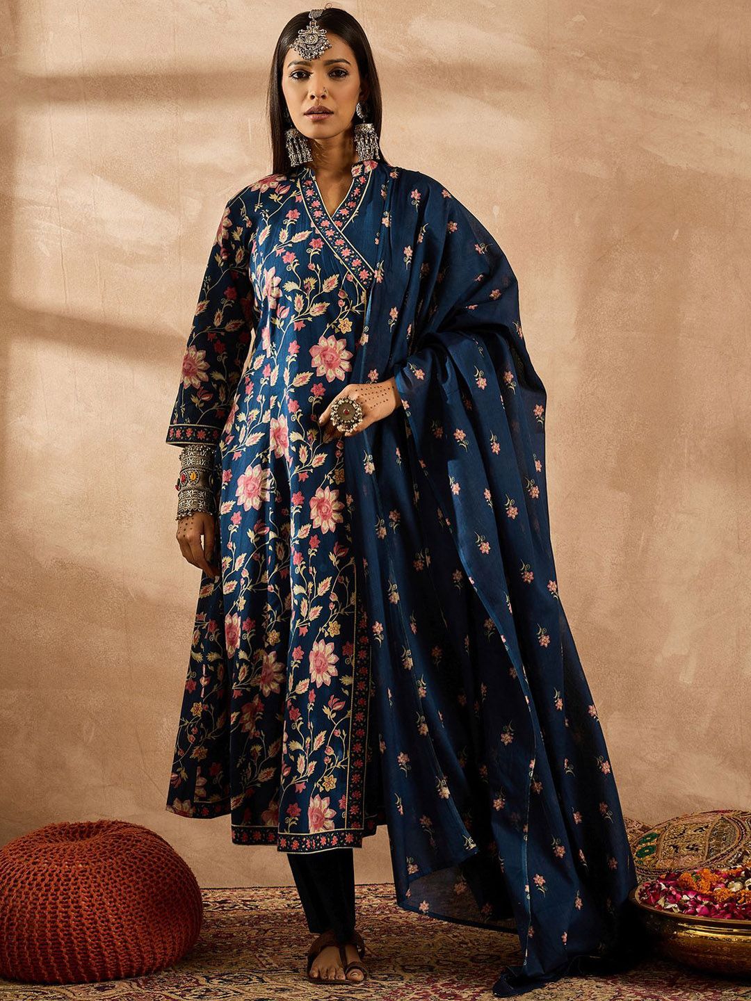 Indo Era Women Floral Printed Angrakha Beads and Stones Pure Cotton Kurta with Trousers & With Dupatta