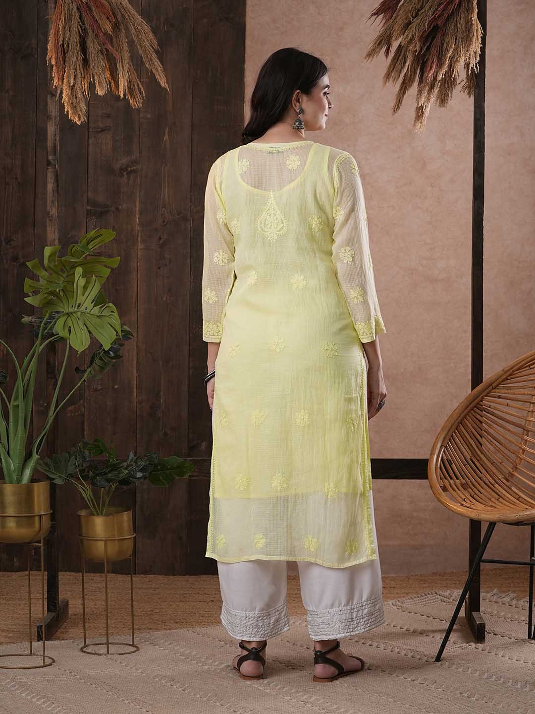 ADA Women Yellow & White Hand Embroidered Chikankari Sustainable Kota Handloom Kurta With Matching Slip - Distacart