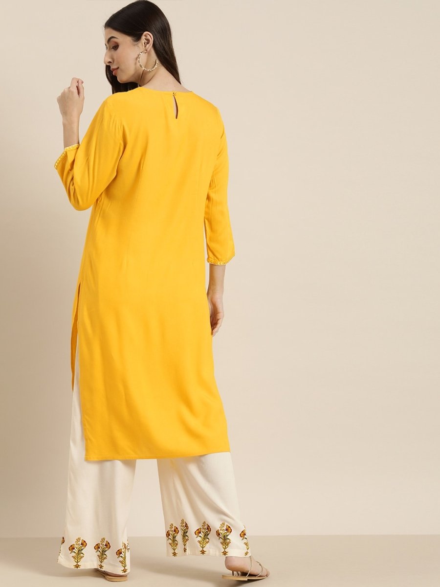 All About You Women Yellow & Beige Embroidered Kurta with Palazzos - Distacart