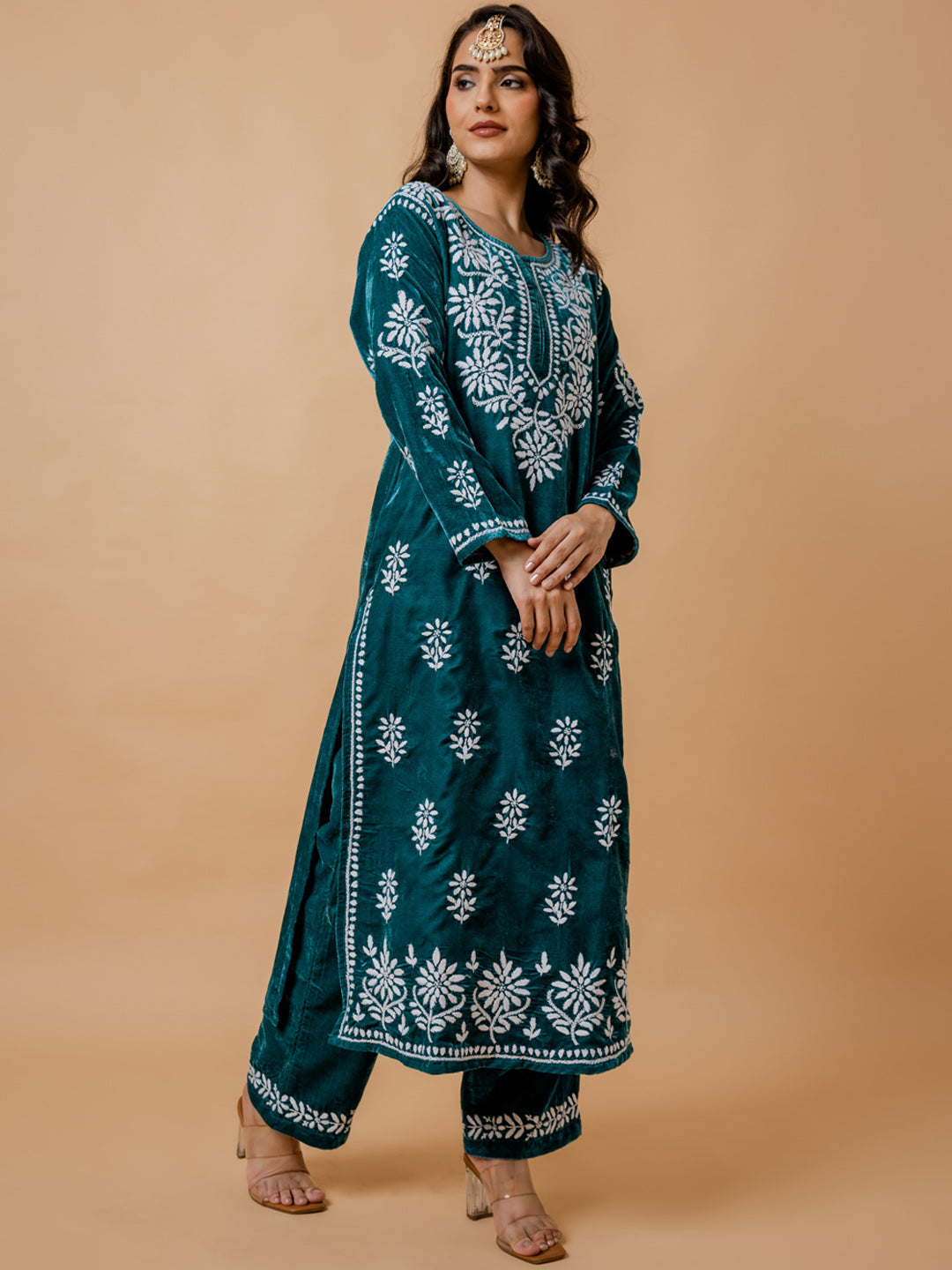 HOUSE OF KARI Ethnic Motifs Embroidered Chikankari Velvet Kurta With Trousers - Distacart