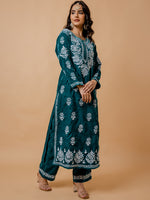 Thumbnail for HOUSE OF KARI Ethnic Motifs Embroidered Chikankari Velvet Kurta With Trousers - Distacart