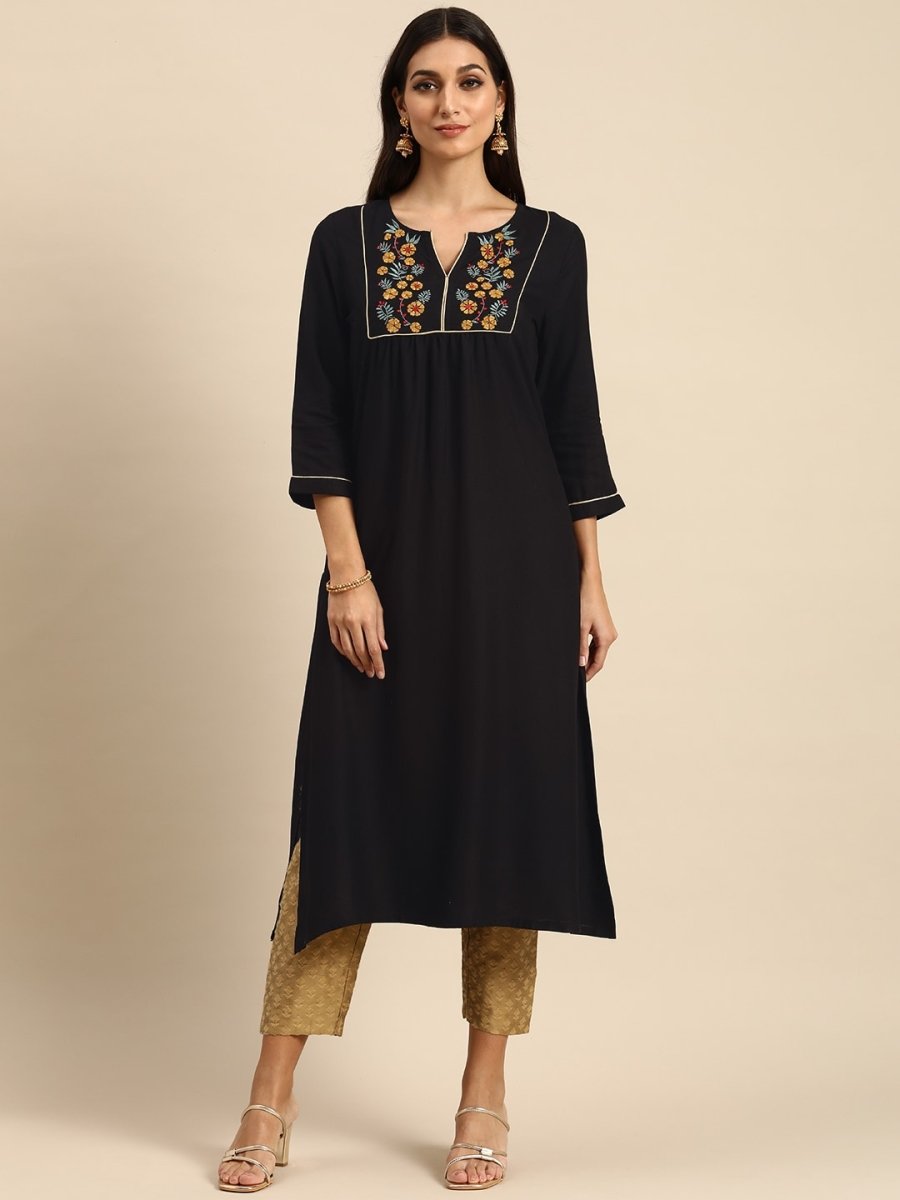 All About You Women Black Floral Yoke Design Embroidered Thread Work Straight Kurta - Distacart
