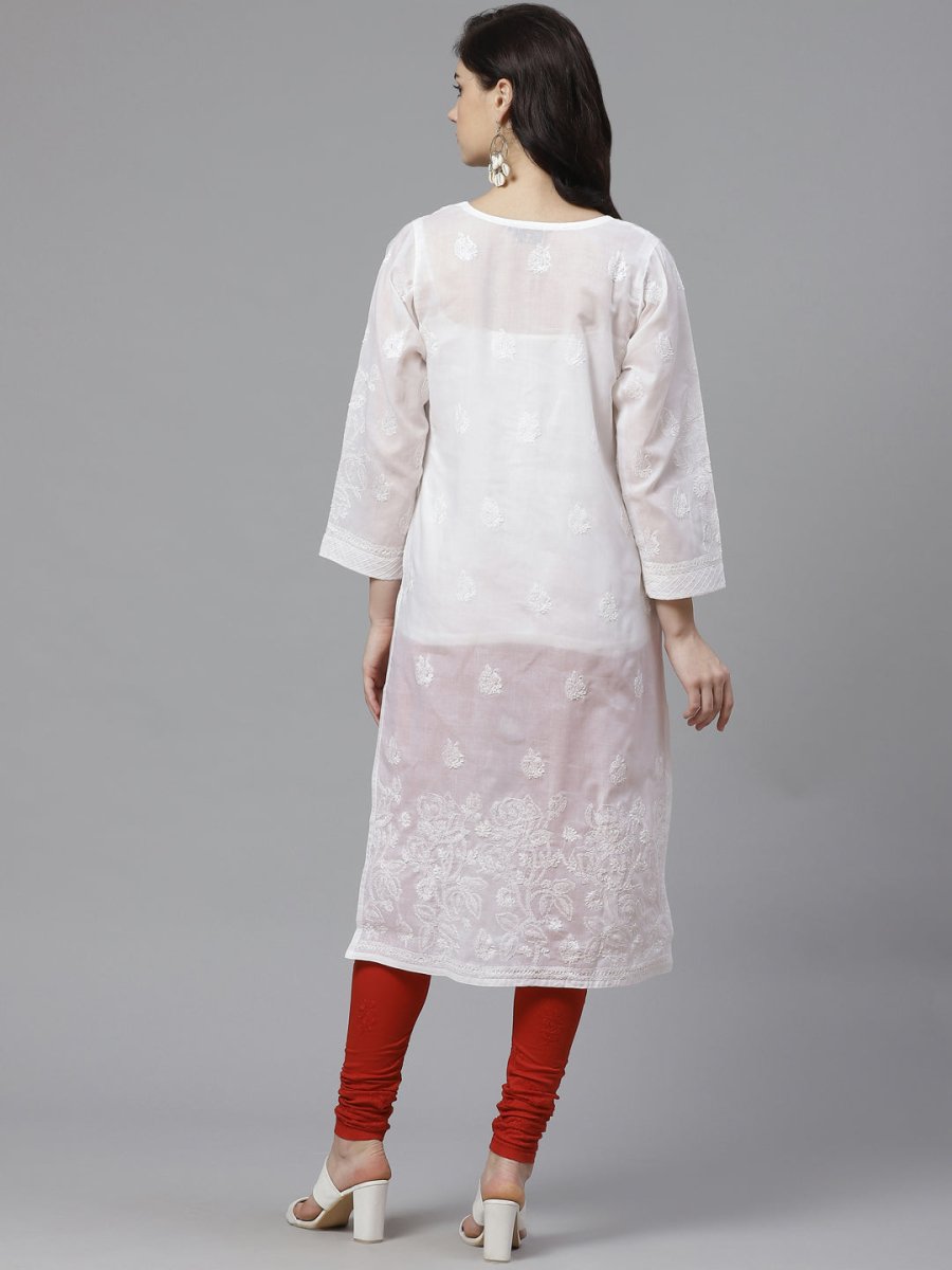 ADA Women White Chikankari Embroidered Sustainable Handloom Kurta with Churidar - Distacart