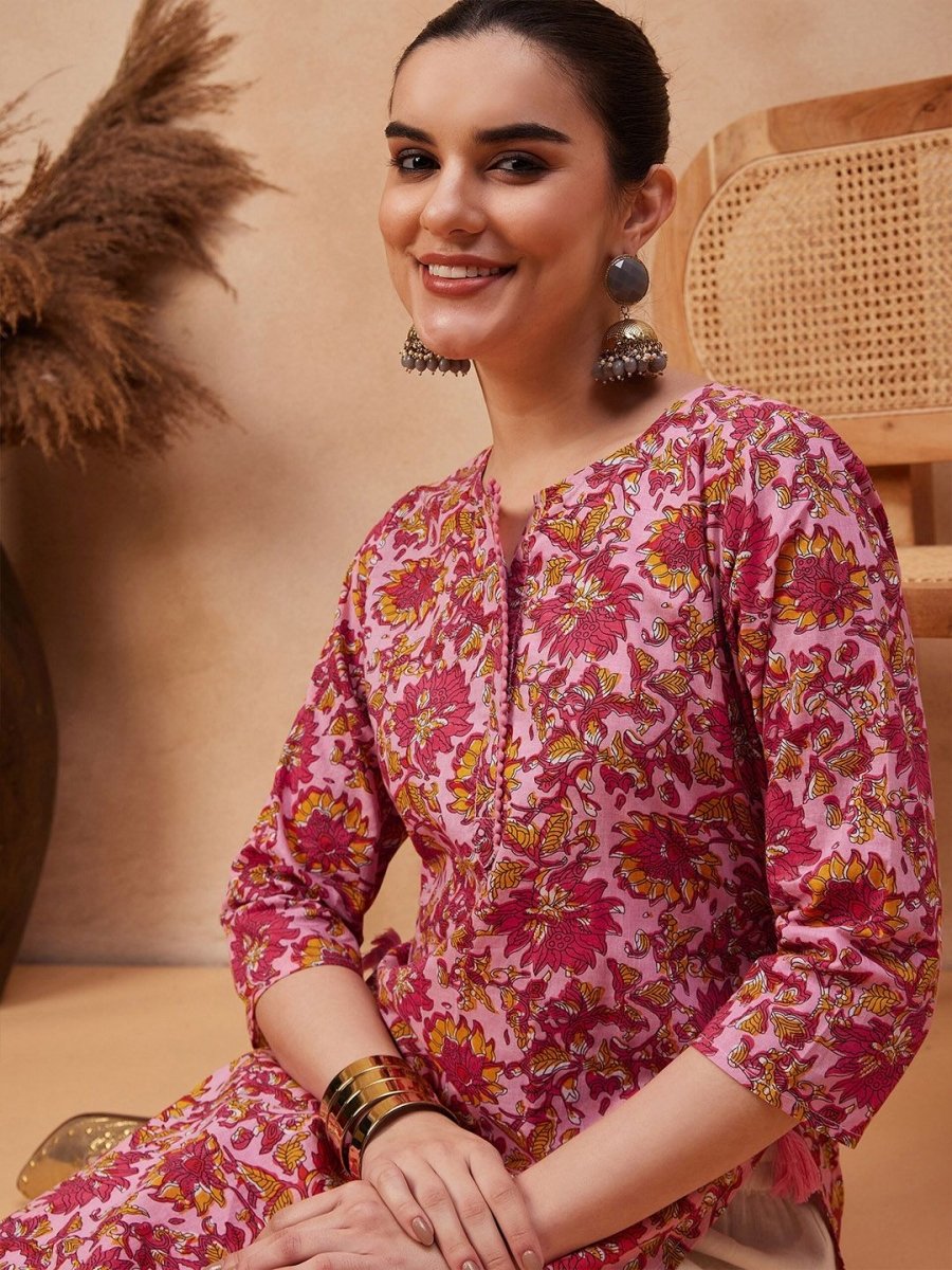 Anouk Floral Printed Round Neck Pure Cotton Straight Kurta - Distacart