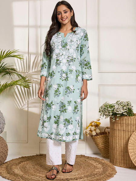 HOUSE OF KARI Floral Embroidered Chikankari Pure Cotton Kurta - Distacart