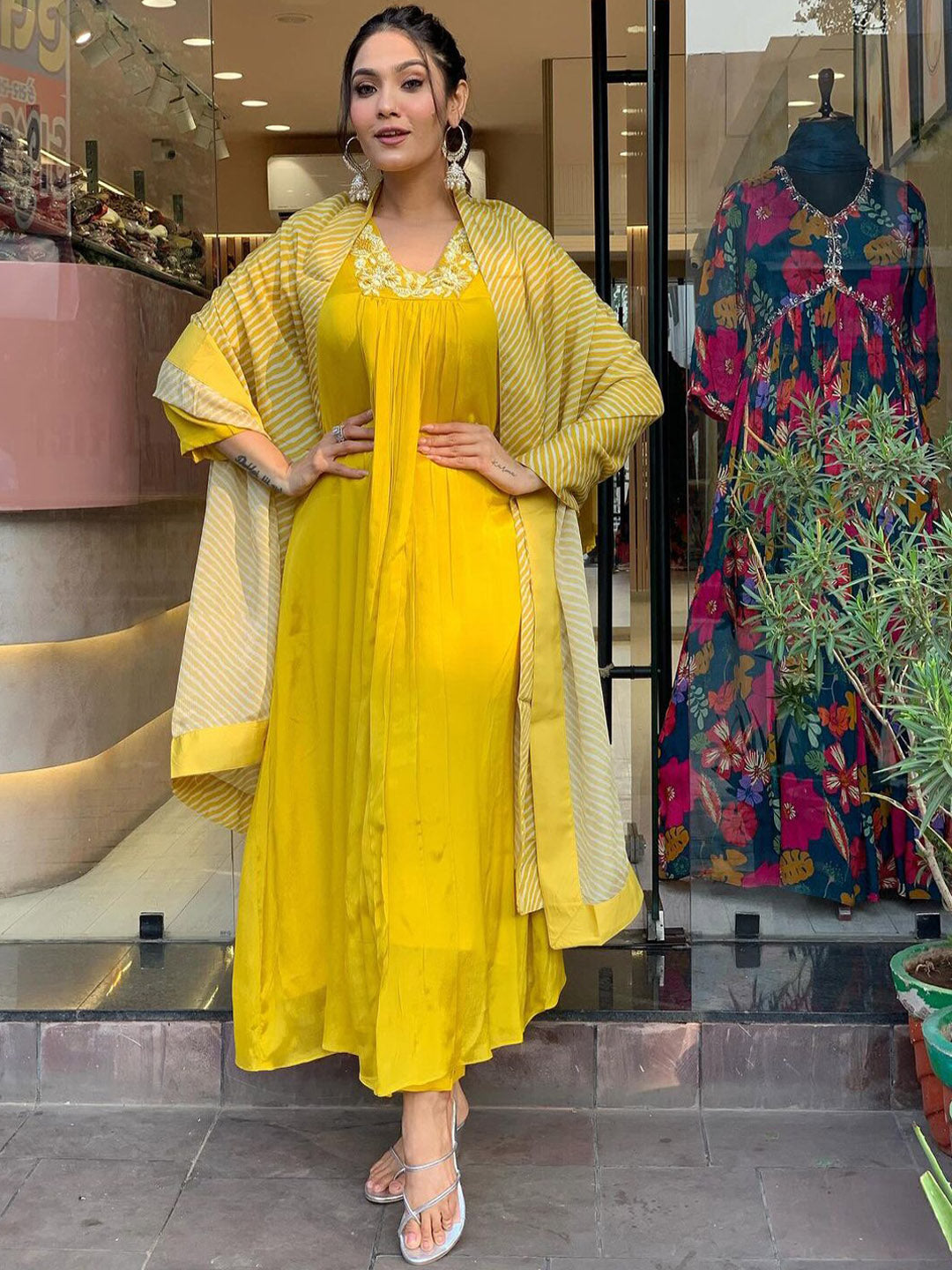 Kalini Embroidered Silk Chiffon Kurta With Trousers & Dupatta - Distacart