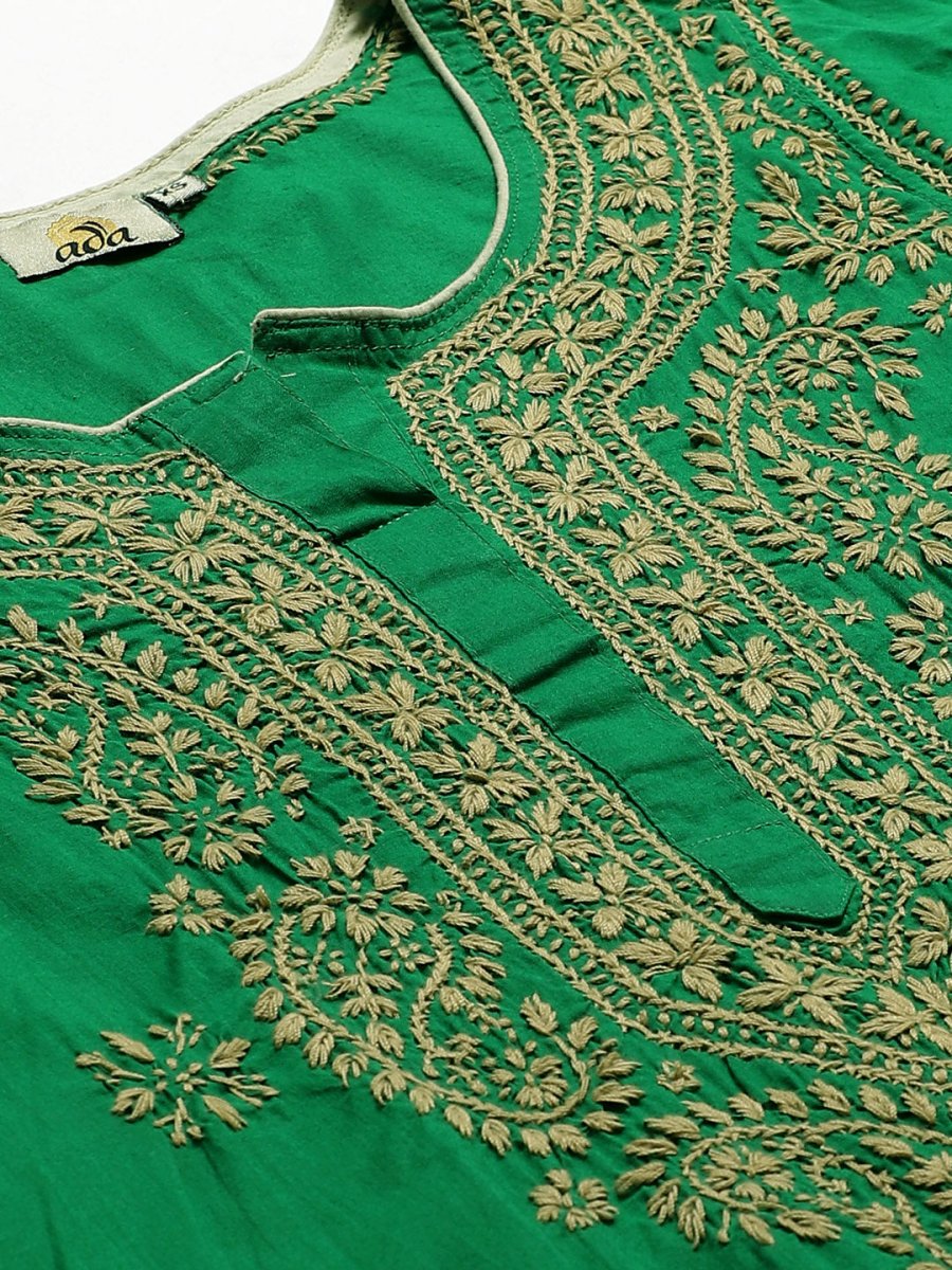 ADA Women Green & Beige Chikankari Embroidered Sustainable Handloom Kurta with Churidar - Distacart