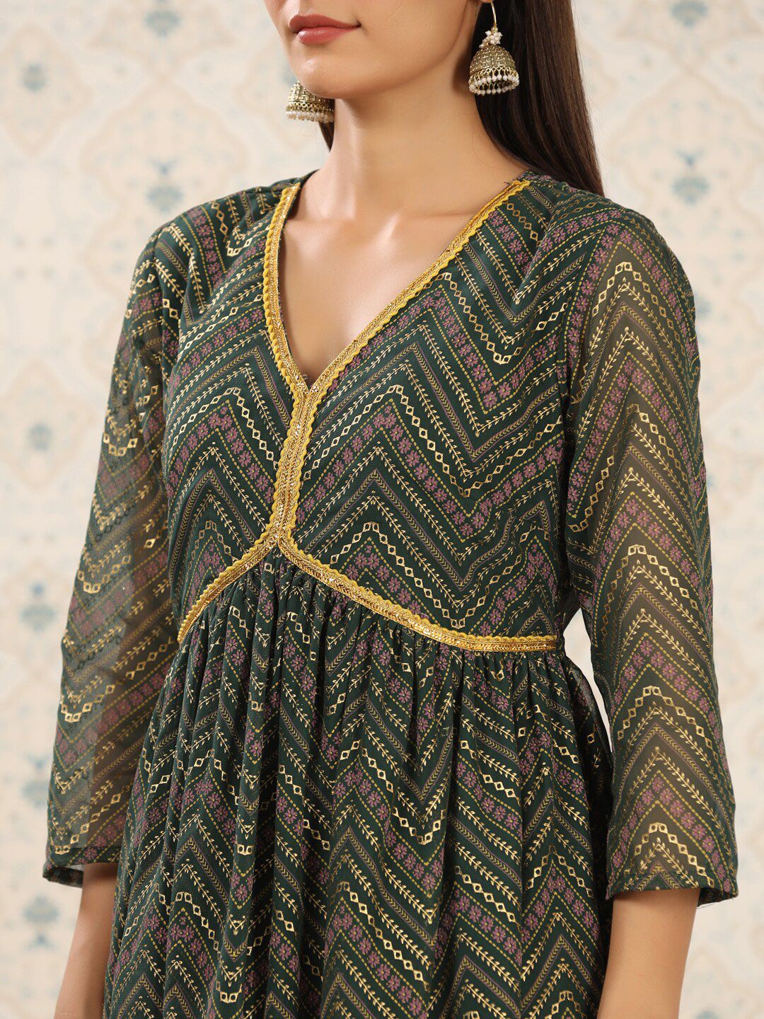 Ode by House of Pataudi Ethnic Motifs Printed V-Neck Thread Work Empire Anarkali Kurta - Distacart