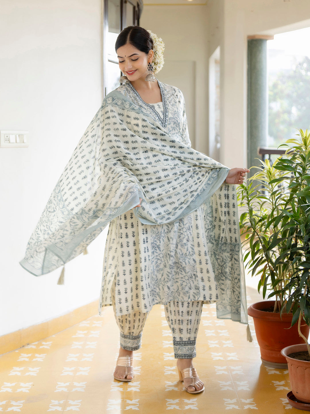 Kalini Floral Yoke Design Empire V-Neck Mirror Work Cotton Kurta with Patiala & Dupatta - Distacart
