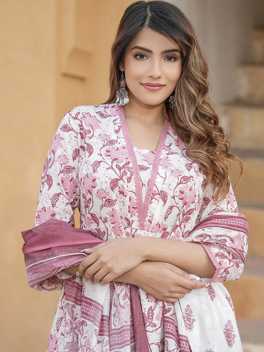 Kalini Floral Printed Regular Thread Work Pure Cotton Kurta with Trouser & With Dupatta - Distacart