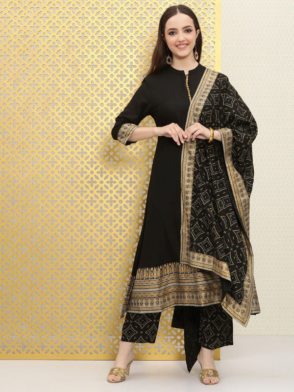 Ode by House of Pataudi Women Black Bandhani Pleated Kurta with Trousers & With Dupatta - Distacart