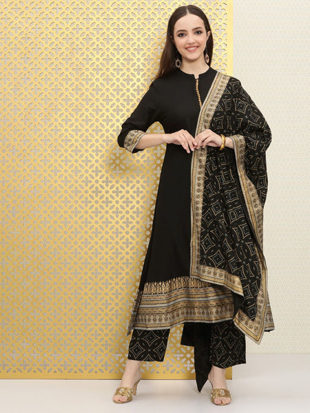 Ode by House of Pataudi Women Black Bandhani Pleated Kurta with Trousers & With Dupatta - Distacart