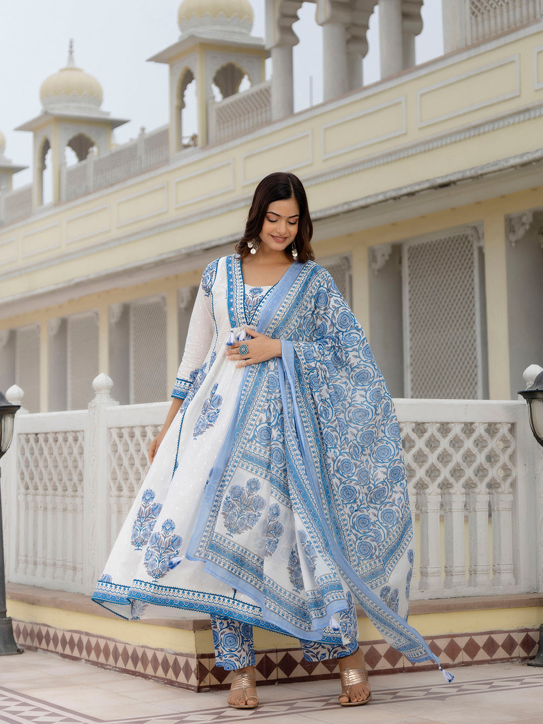 Kalini Floral Yoke Design V-Neck Panelled Cotton Anarkali Kurta With Trousers & Dupatta - Distacart