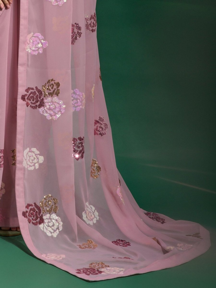 Anouk Mauve & Gold-Toned Embellished Sequinned Pure Georgette Saree - Distacart
