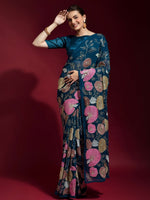 Thumbnail for Anouk Teal Blue & Pink Floral Embroidered Sequinned Pure Georgette Saree - Distacart
