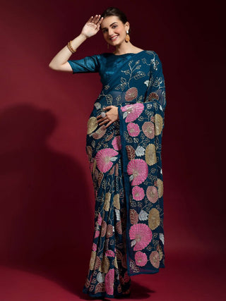 Anouk Teal Blue & Pink Floral Embroidered Sequinned Pure Georgette Saree - Distacart