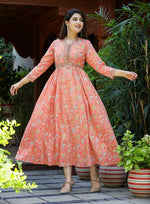 Thumbnail for Kaajh Women's Light Orange Floral Handblock Printed Cotton Dress - Distacart