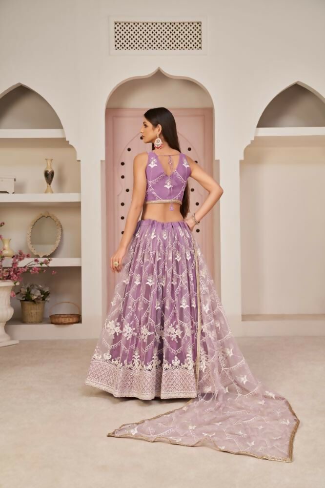 Aastha Fashion Lavender Butterfly Net White Cotton Thread Work, Zari Work And Sandwich Sequence Work Embroidery Wedding Wear Lehenga Choli - Distacart