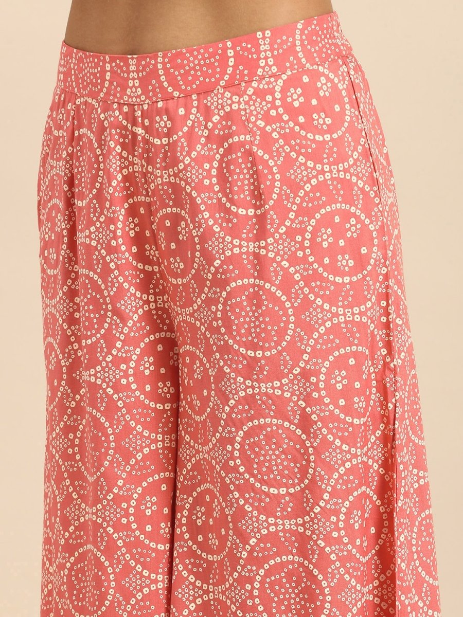 All About You Women Peach Pin & White Bandhani Print Pleated Sequinned Kurti with Palazzos - Distacart