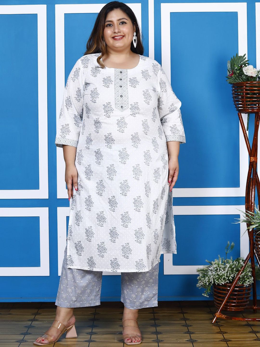 Swasti Plus Size Floral Printed Pure Cotton Kurta With Palazzos & Dupatta - Distacart