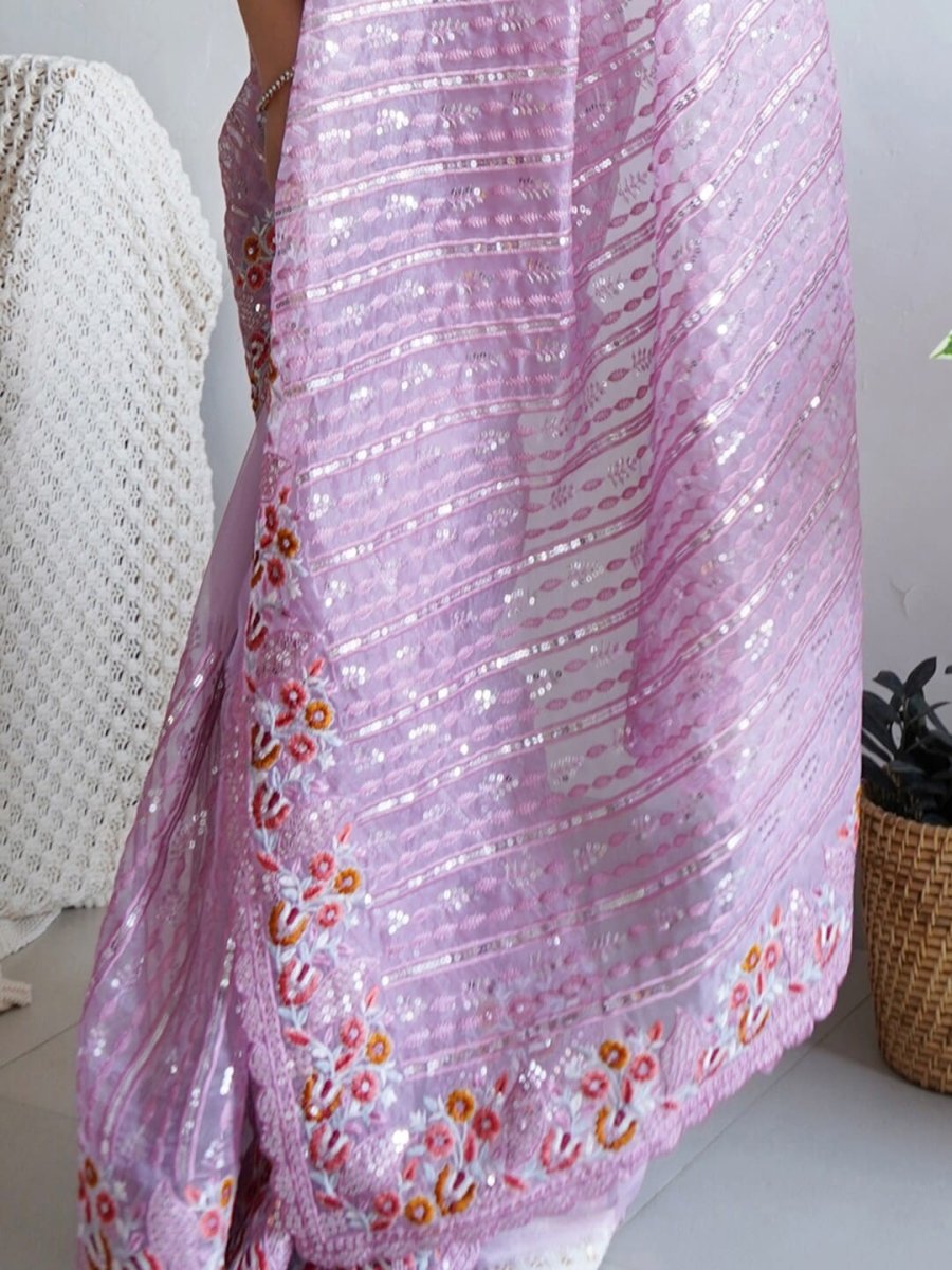 Anouk Mauve-Coloured Ethnic Motifs Embroidered Sequinned Organza Saree - Distacart