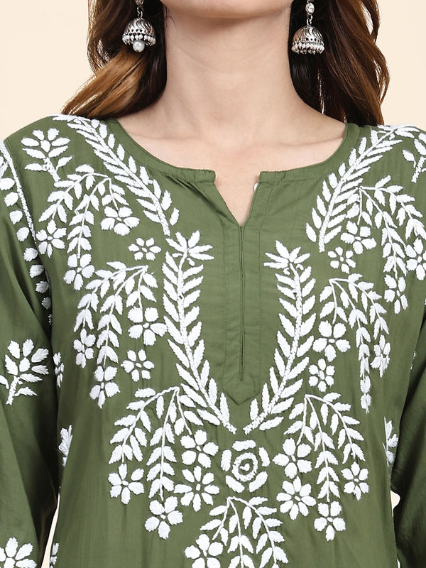 HOUSE OF KARI Floral Embroidered Thread Work Pure Cotton Kurta with Trousers - Distacart