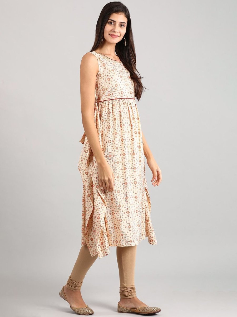 AURELIA Women Off-White & Rust Orange Side Flap Detail Printed Empire Dress