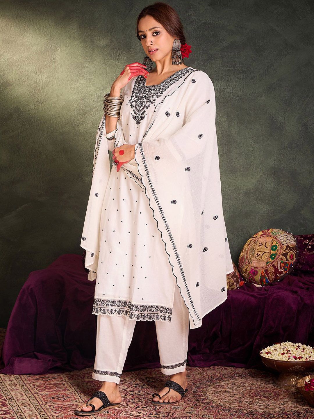Indo Era Floral Embroidered Thread Work Pure Cotton Kurta With Trousers & Dupatta
