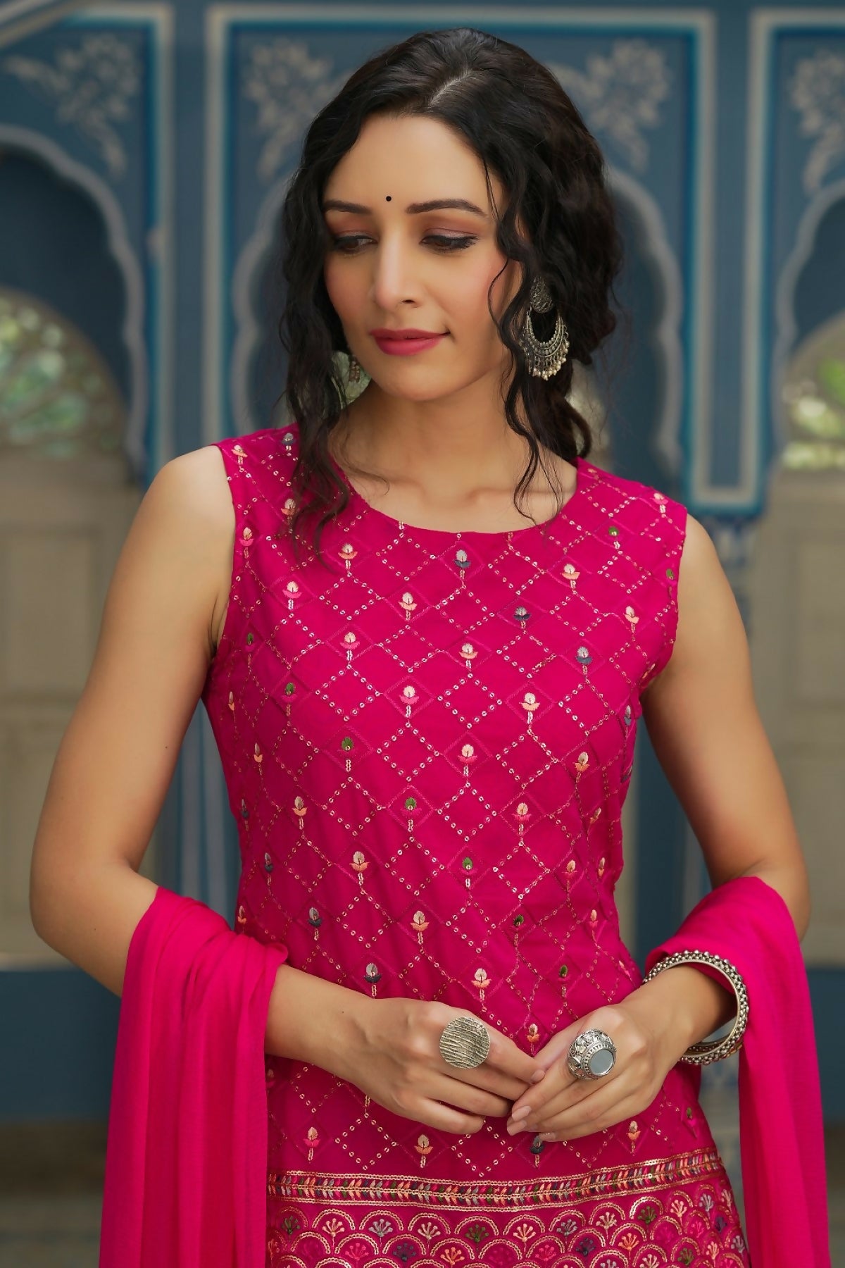 Juniper Ethnic Motif Printed Georgette Kurta Sharara & Chiffon Dupatta Set With Thread Work Embroidery - Distacart